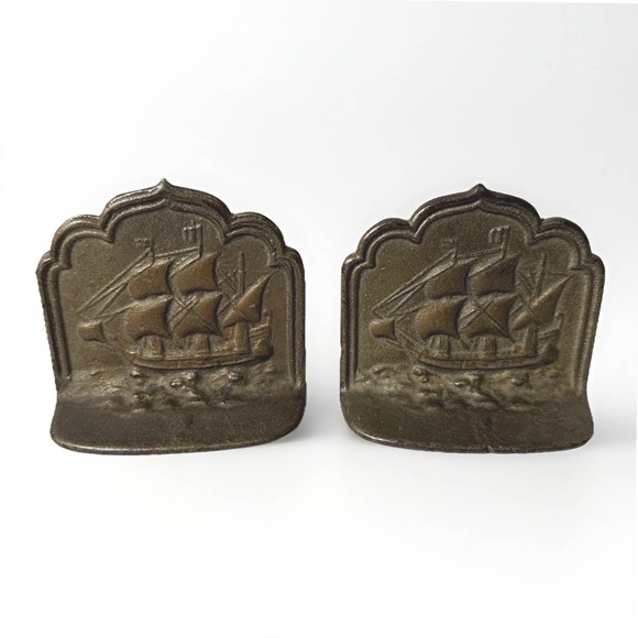 Vintage Other - Vintage Cast Iron Sailing Ship Bookends Pair Nautical Galleon Bronze Finish